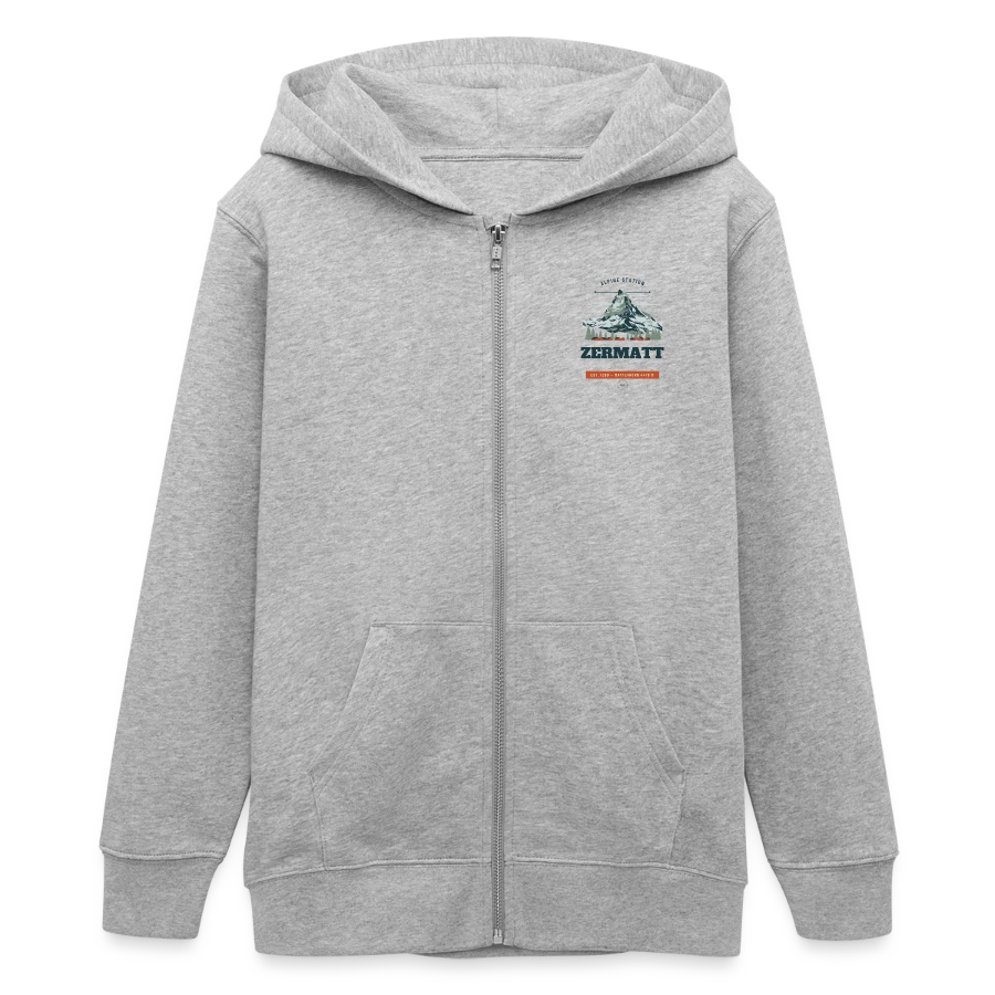 Zermatt badge on a teens organic zip-up hoodie by stanley/stella, heather grey