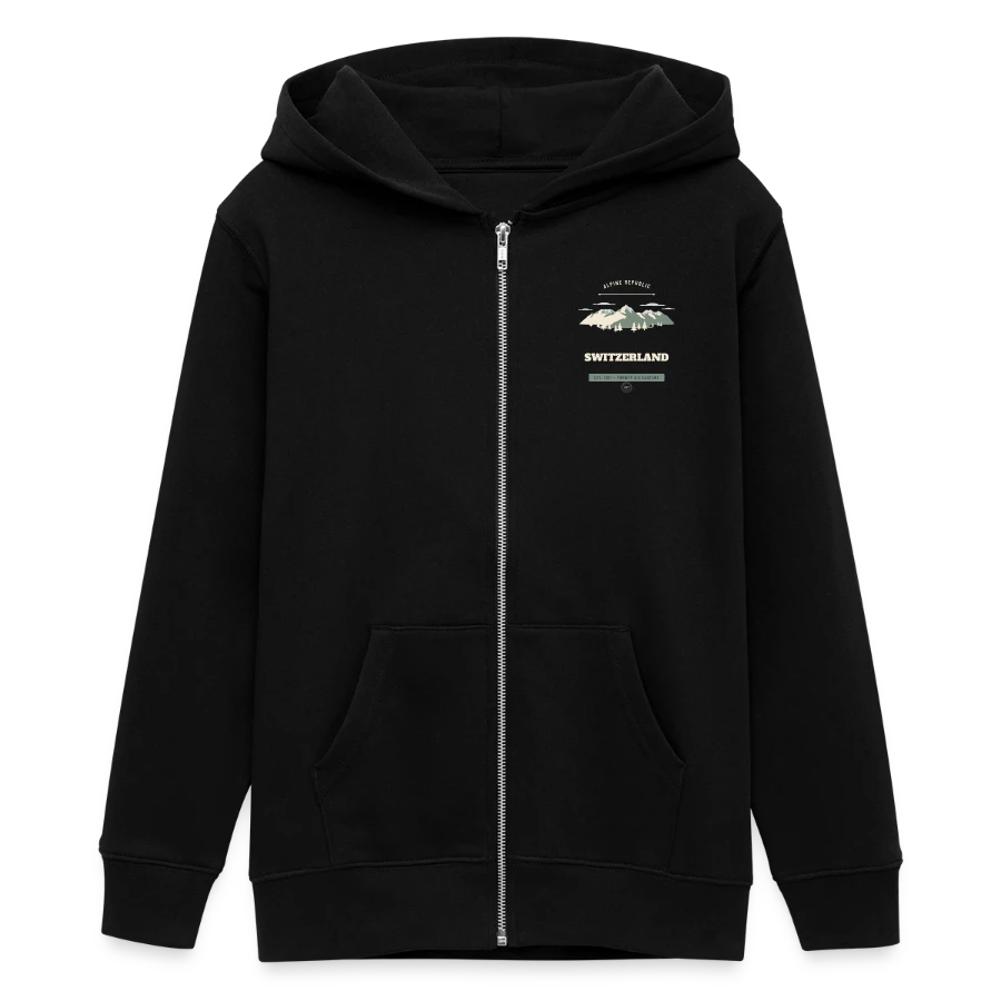 Switzerland badge on a teens organic zip-up hoodie by stanley/stella, black