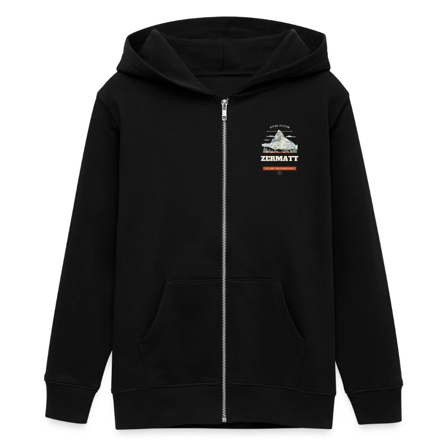 Zermatt badge on a teens organic zip-up hoodie by stanley/stella, black