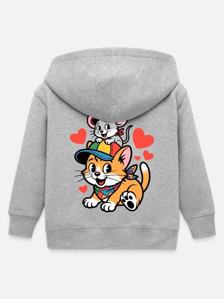 Cat and Mouse Friendship with Heart - Kids Organic Zip-up Hoodie by Stanley/Stella - heather grey