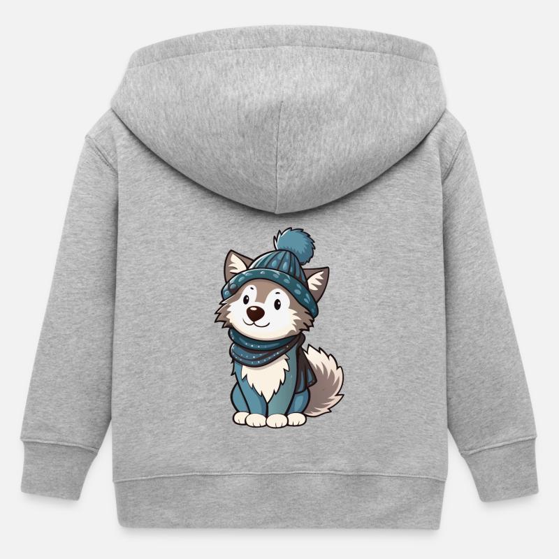 Loup mignon avec écharpe et chapeau à pompon. - Veste à capuche enfant bio Stanley/Stella - gris chiné