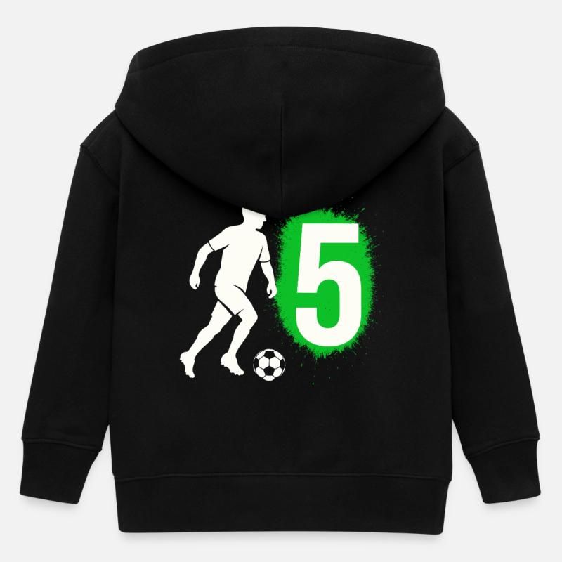 5 ° compleanno, 5 anni ragazzo, 5 calcio - Felpa con cappuccio con zip bambino bio di Stanley/Stella - nero