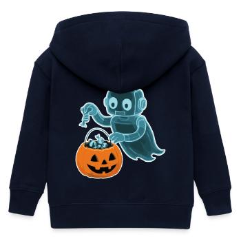 Spooky Minibot with Pumpkin Basket - Kids Organic Zip-up Hoodie by Stanley/Stella - navy - Back