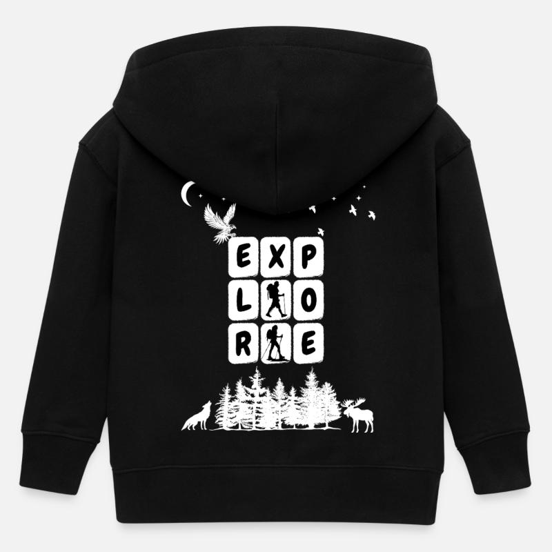 Explore Camping Graphic - Kids Organic Zip-up Hoodie by Stanley/Stella - black