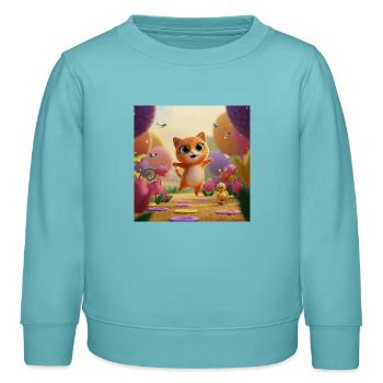 Le chaton saute à travers le royaume des fleurs - Sweat enfant bio Stanley/Stella - turquoise pastel - Devant - AI Model Kid Female (0cm)