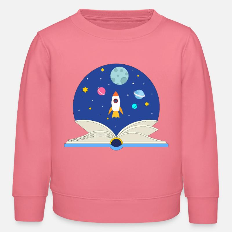 Livre ouvert avec scène spatiale, imagination et Avent - Sweat enfant bio Stanley/Stella - rose