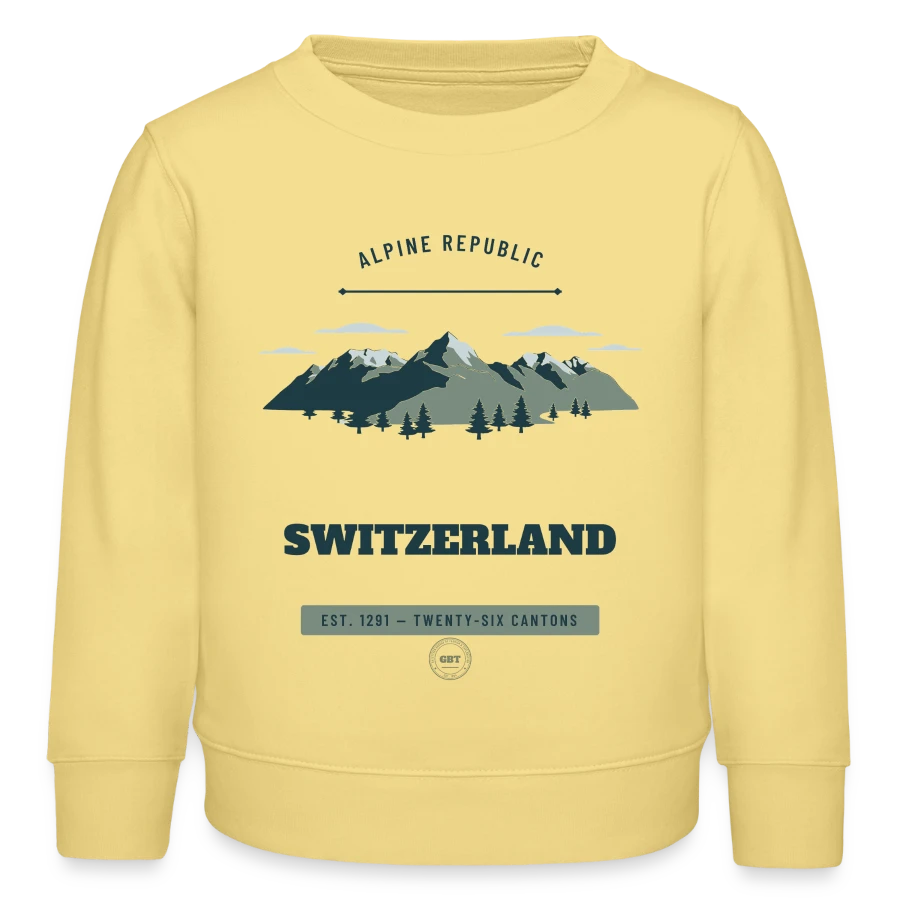 Switzerland badge on a kids organic sweatshirt by stanley/stella, viva yellow 