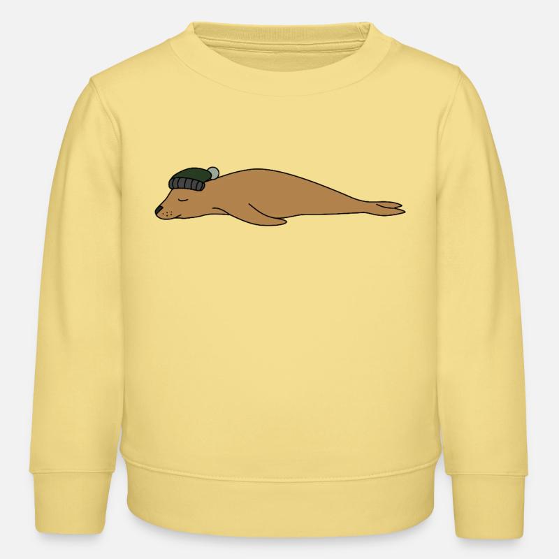 Un petit croquis simple d’animal avec un chapeau de phoque dormant - Sweat enfant bio Stanley/Stella - jaune viva