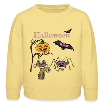 Halloween Kürbis und Fledermaus Design - Kinder Organic Sweatshirt Mini Changer von Stanley/Stella - Gelb Viva  - Vorne - AI Model Kid Male (0cm)