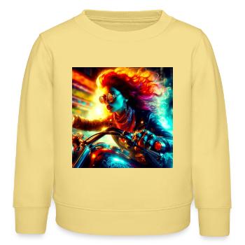 Cyberpunk Motorrad - Kinder Organic Sweatshirt Mini Changer von Stanley/Stella - Gelb Viva  - Vorne - AI Model Kid Male (0cm)