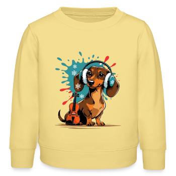 Wintermusik-Dackel mit Kopfhörern - Kinder Organic Sweatshirt Mini Changer von Stanley/Stella - Gelb Viva  - Vorne - AI Model Kid Male (0cm)