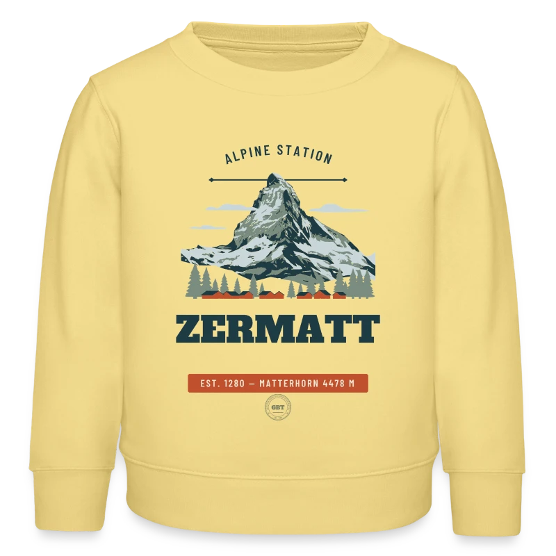 Zermatt badge on a kids organic sweatshirt by stanley/stella
