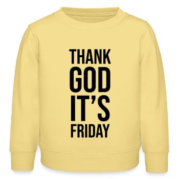 Dieu merci, c’est vendredi - Sweat enfant bio Stanley/Stella - jaune viva  - Devant - AI Model Kid Male (0cm)