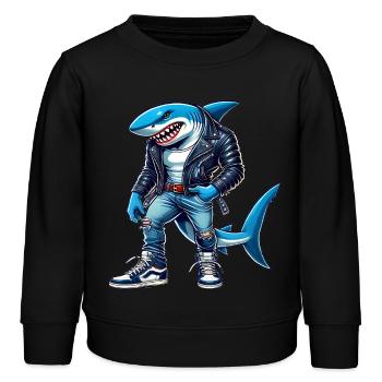 Cooler Hai im Lederjacken-Design - Kinder Organic Sweatshirt Mini Changer von Stanley/Stella - Schwarz - Vorne - AI Model Kid Male (0cm)
