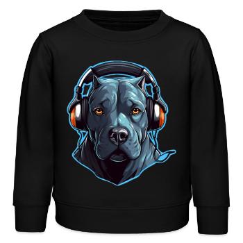Cooler Pitbull mit Kopfhörern - Kinder Organic Sweatshirt Mini Changer von Stanley/Stella - Schwarz - Vorne - AI Model Kid Male (0cm)