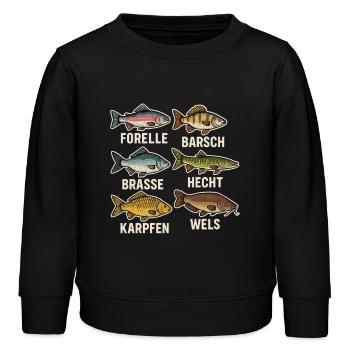 Vue d’ensemble des espèces de poissons – Conception de pêcheur à la truite - Sweat enfant bio Stanley/Stella - noir - Devant - AI Model Kid Male (0cm)