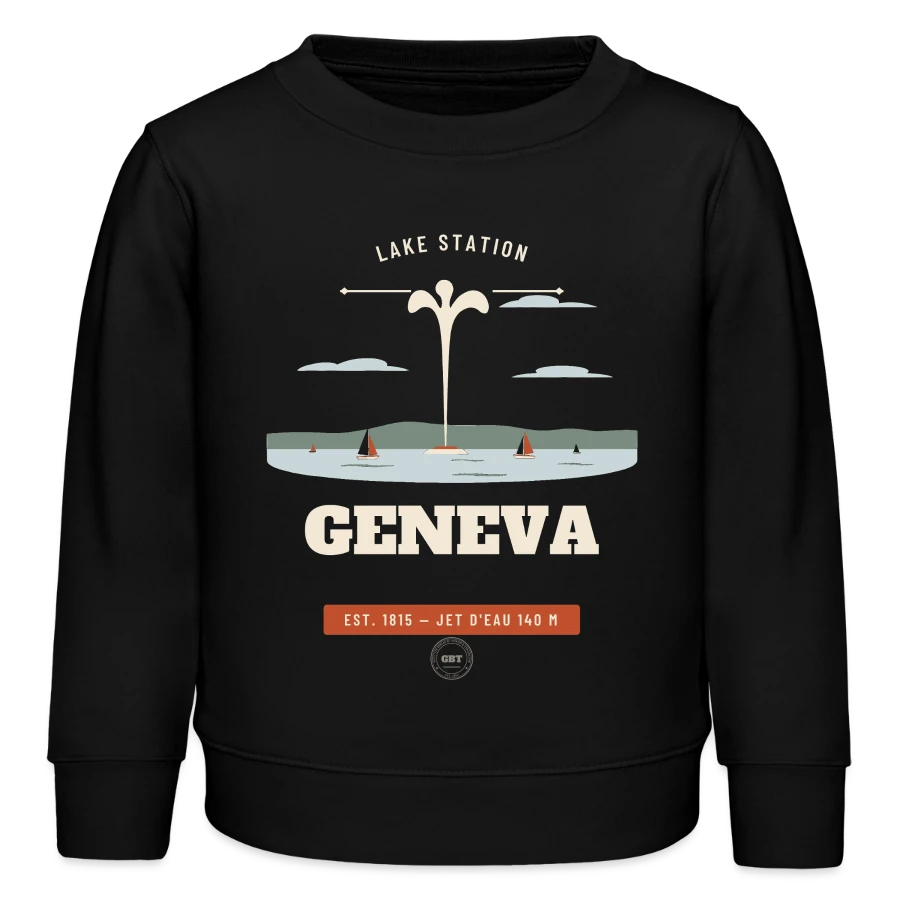 Geneva badge on a kids organic sweatshirt by stanley/stella, black
