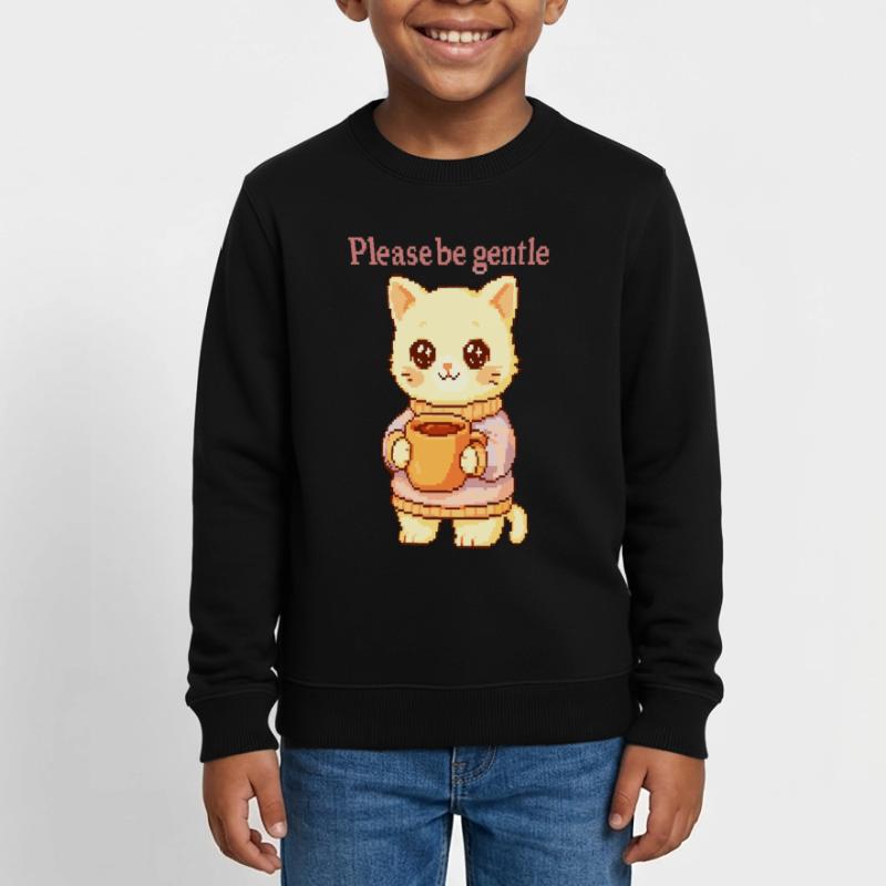 Bitte sei sanft – Pixel Katze mit Tee & Kuschelpul Kinder Organic Sweatshirt Mini Changer von Stanley/Stella