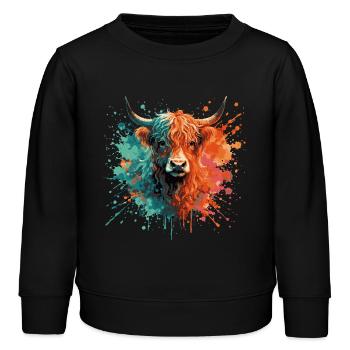 Highland Cattle Watercolor Painting – Color Splash Animal Art - Kids Organic Sweatshirt by Stanley/Stella - black - Front - AI Model Kid Male (0cm)