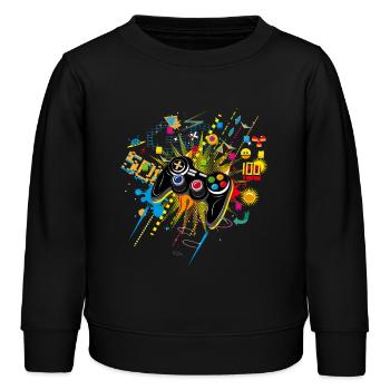 Gamepad Videogames mit verschiedenen Symbolen - Kinder Organic Sweatshirt Mini Changer von Stanley/Stella - Schwarz - Vorne - AI Model Kid Male (0cm)