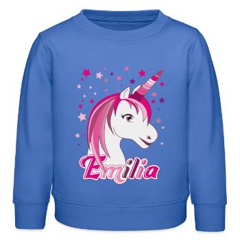 Emilia, nom de jeune fille, prénom préféré - Sweat enfant bio Stanley/Stella - carolina blue - Devant - AI Model Kid Female (0cm)