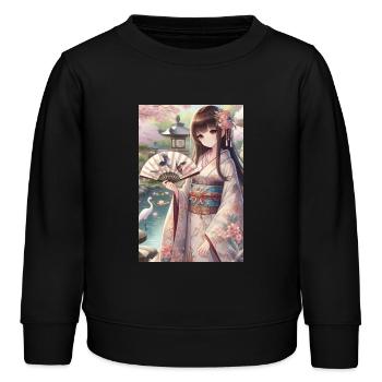 Elegante japanische Gelassenheit: Kimono, Kirschblüten - Kinder Organic Sweatshirt Mini Changer von Stanley/Stella - Schwarz - Vorne - AI Model Kid Male (0cm)