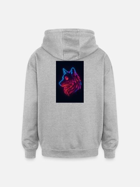 Regenbogen-Neon-Wolf - Oversized Unisex Hoodie - Grau meliert