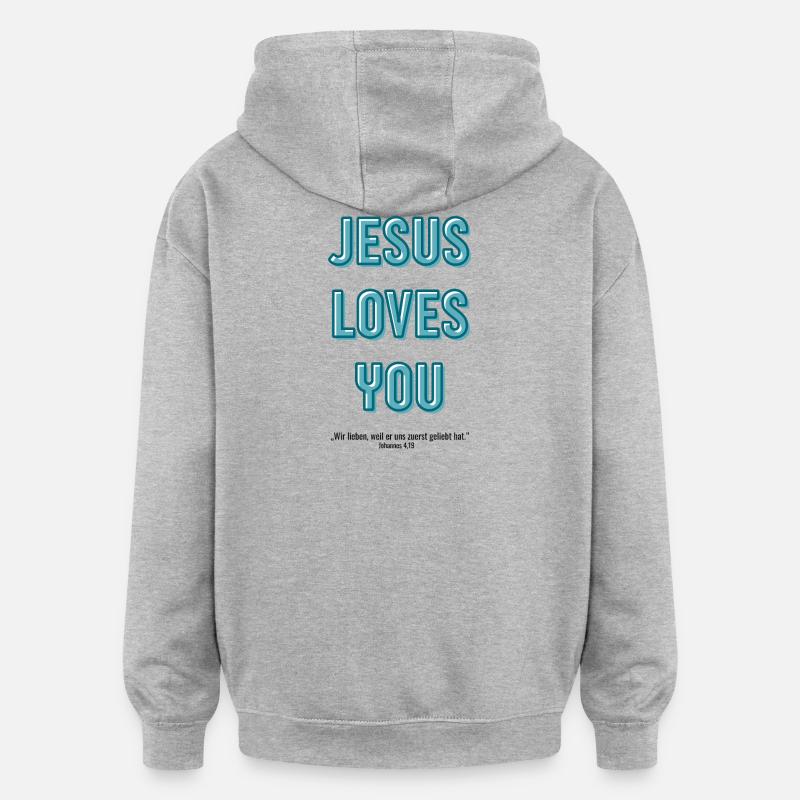 Jésus t’aime en script 3D - Sweat à capuche oversize unisexe - gris chiné