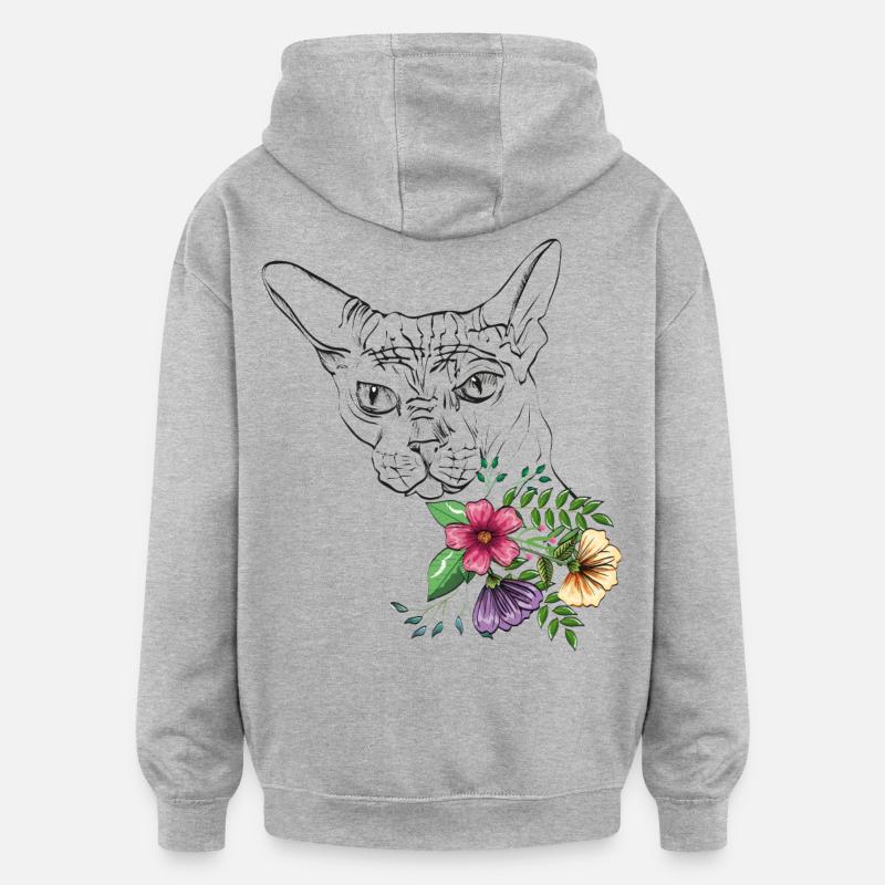 Chat avec des fleurs - Sweat à capuche oversize unisexe - gris chiné