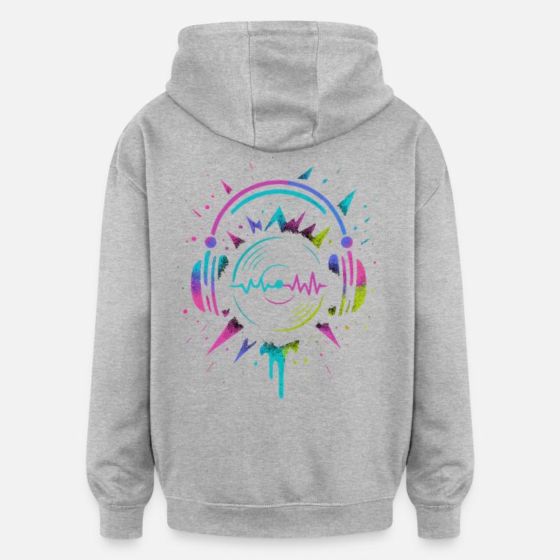 Casque néon, vinyle, son techno rave - Sweat à capuche oversize unisexe - gris chiné