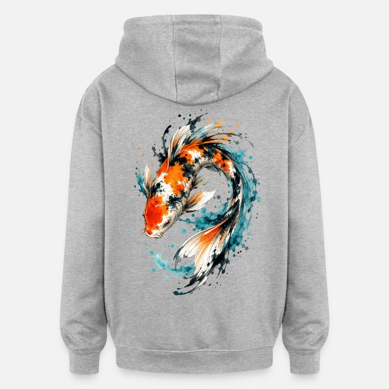 Éclaboussure de carpes koi aquarelle - Sweat à capuche oversize unisexe - gris chiné