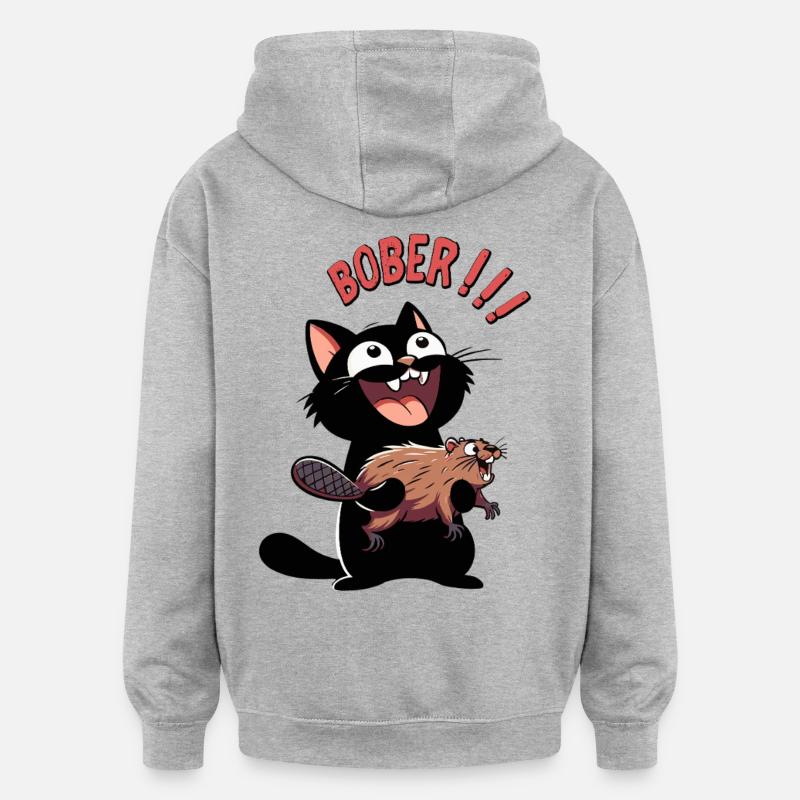 Hyper-Katze ruft „Bober!!!“ – Tierischer Ausraster - Oversized Unisex Hoodie - Grau meliert