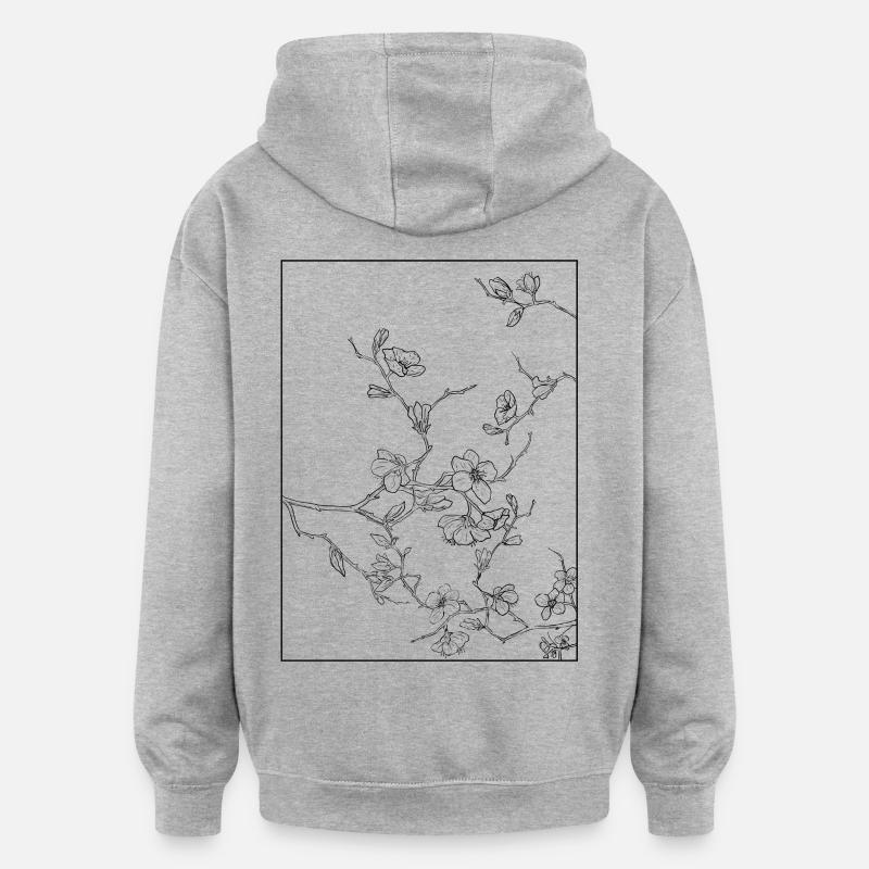 Floral Design Cerisier Outline Noir - Sweat à capuche oversize unisexe - gris chiné
