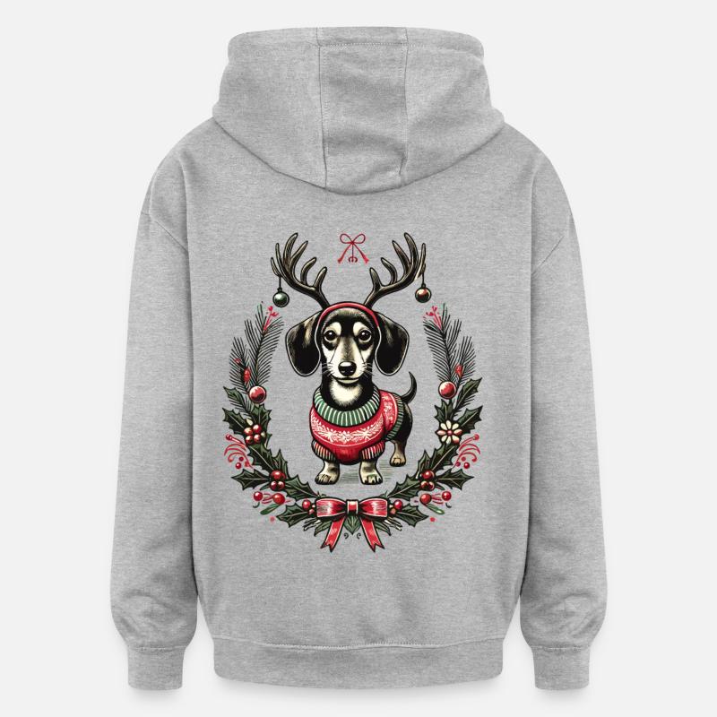 Fröhlicher Dackel Im Weihnachtspullover - Oversized Unisex Hoodie - Grau meliert