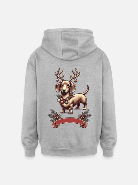 Teckel de Noël avec bois - Sweat à capuche oversize unisexe - gris chiné