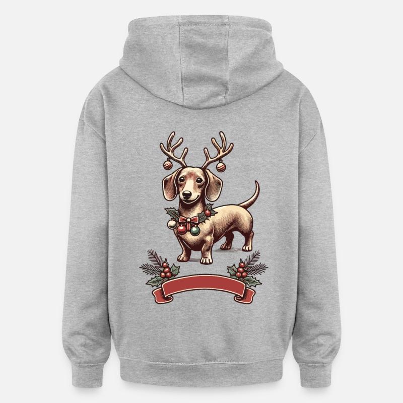 Weihnachtlicher Dackel Mit Geweih - Oversized Unisex Hoodie - Grau meliert