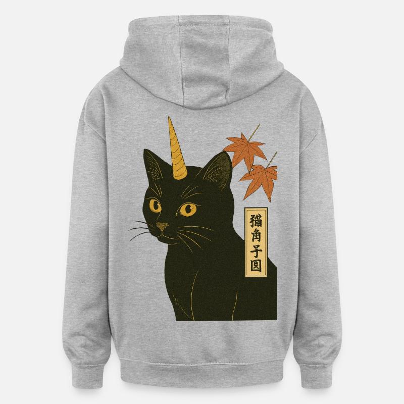 Estampe de chat-licorne - Sweat à capuche oversize unisexe - gris chiné