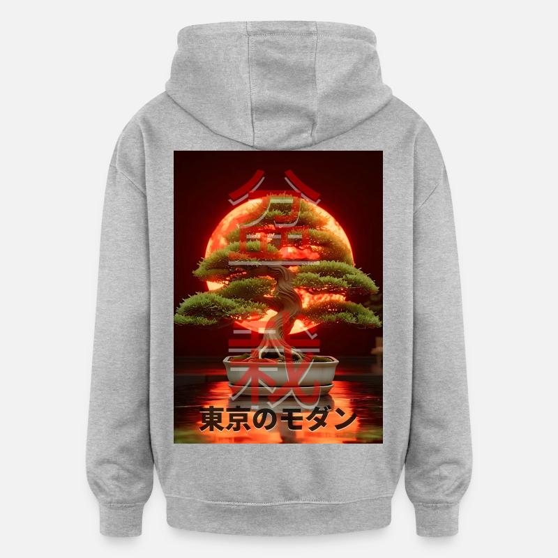 Bonsaï Red Suns Panneau d’écriture japonais - Sweat à capuche oversize unisexe - gris chiné