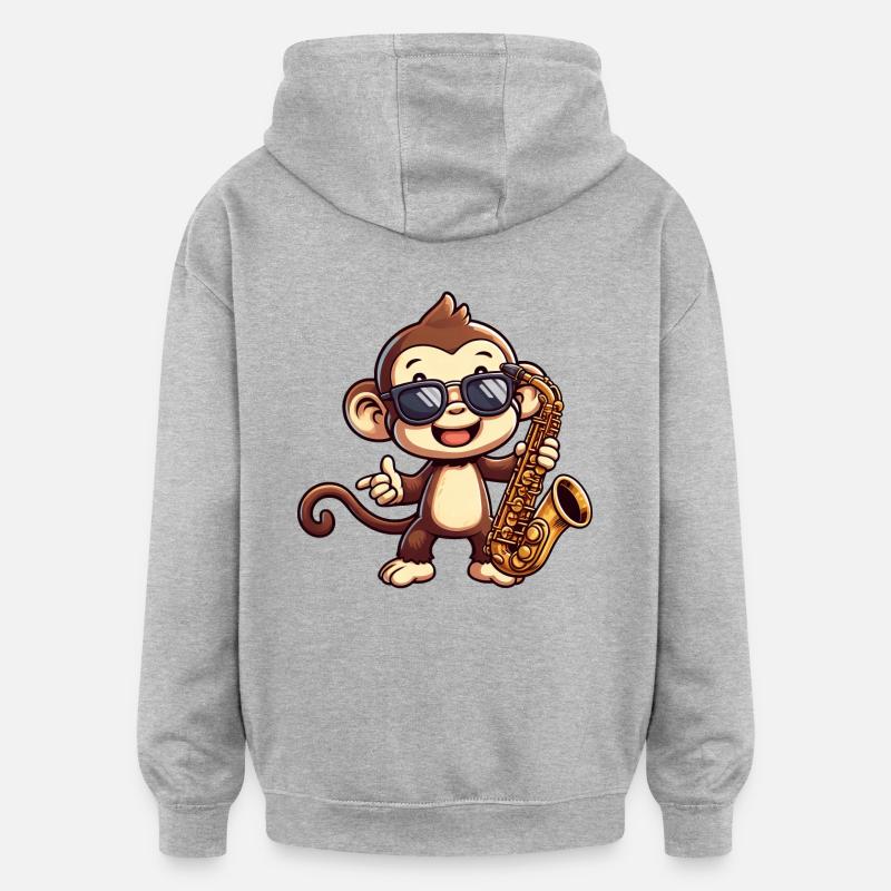 Jazz Saxophone Singe Chimpanzé Mélomane - Sweat à capuche oversize unisexe - gris chiné