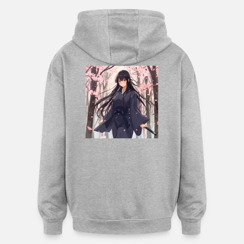Sakura Samurai im Wald - Oversized Unisex Hoodie - Grau meliert