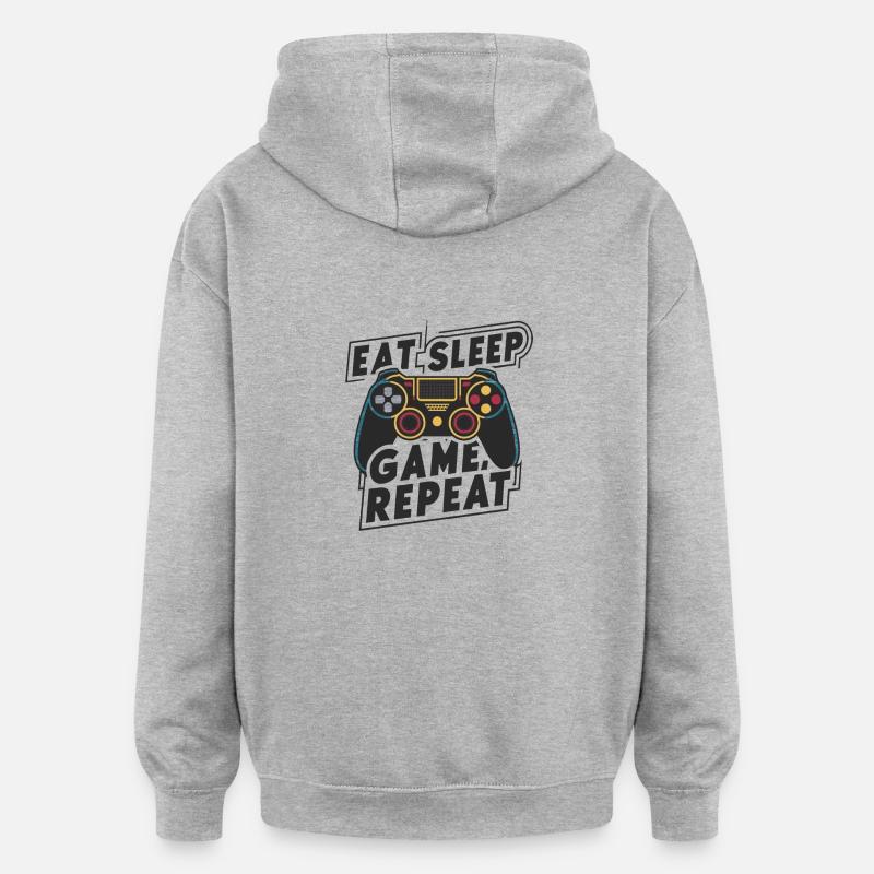 Manger, dormir, jouer, répéter - Sweat à capuche oversize unisexe - gris chiné