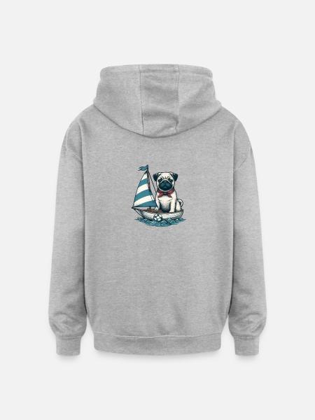 Sommerseiljolle med mops - Oversized unisex-hettegenser - gråmelert