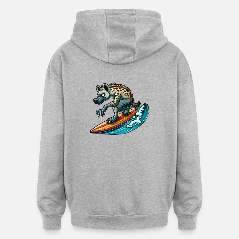 Surfende Hyäne auf dem Surfbrett - Oversized Unisex Hoodie - Grau meliert