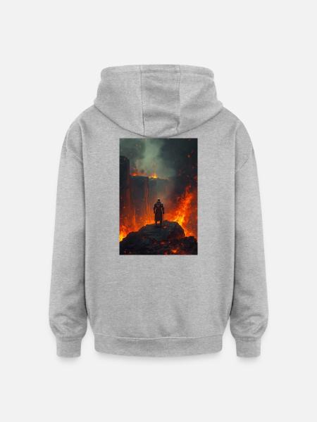 Flammender Ritter am Lavafeld - Oversized Unisex Hoodie - Grau meliert