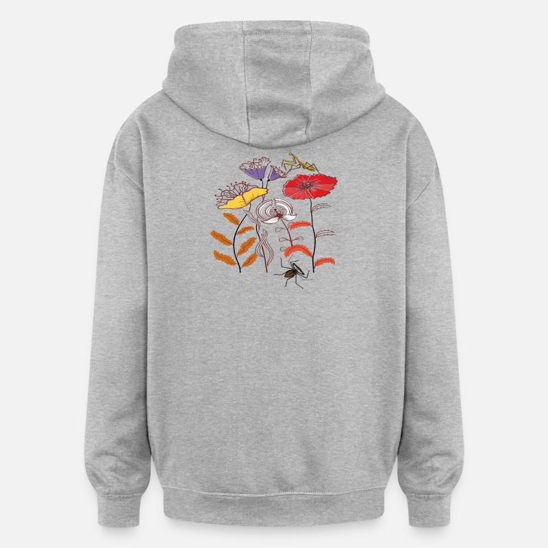 Fleurs de jardin avec des insectes - Sweat à capuche oversize unisexe - gris chiné