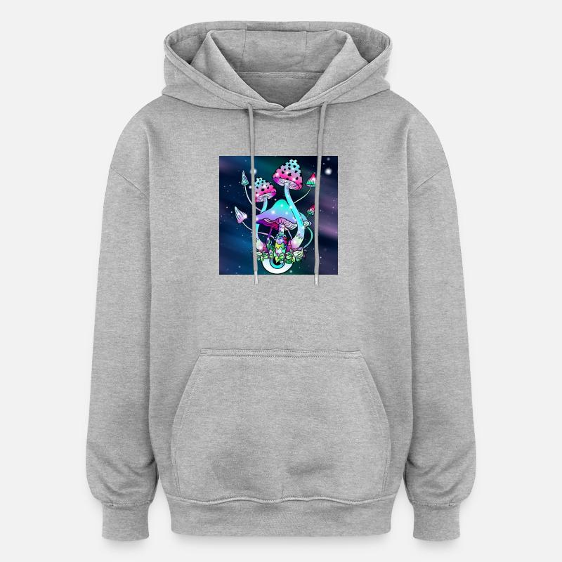 Champignons magiques Art spatial - Sweat à capuche oversize unisexe - gris chiné