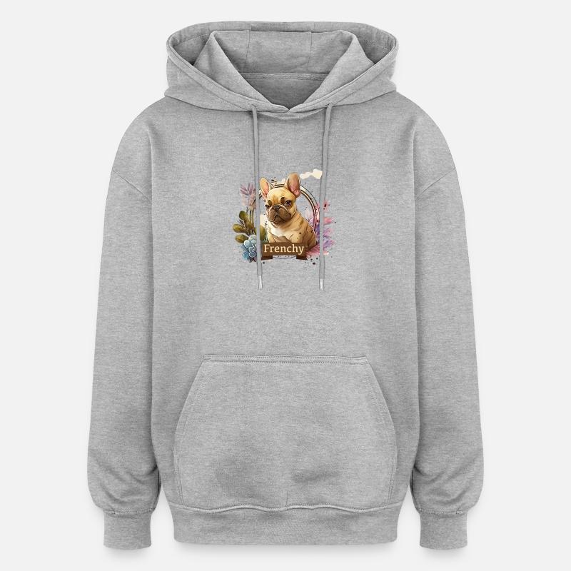 Bouledogue français dans cadre fleuri - Sweat à capuche oversize unisexe - gris chiné