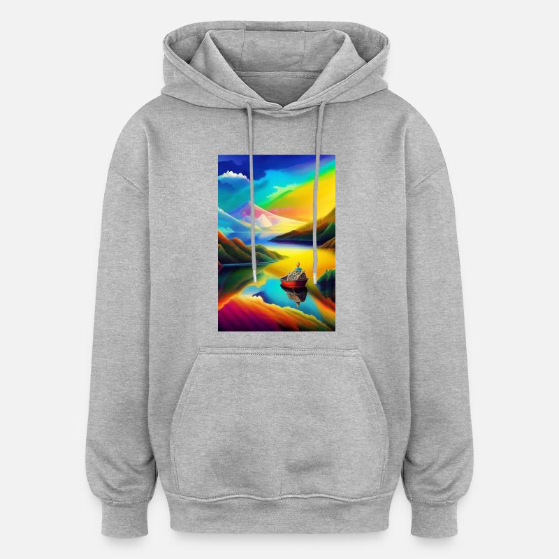 Landschaft mit See, Boot und Berge - Oversized Unisex Hoodie - Grau meliert