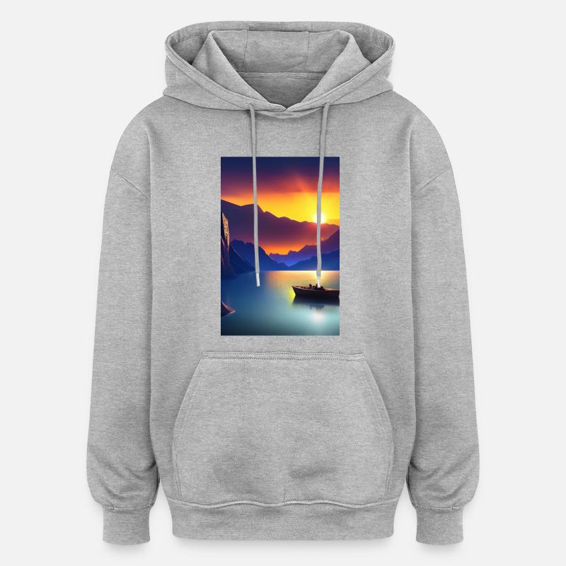 Landschaft mit See, Boot und Berge - Oversized Unisex Hoodie - Grau meliert