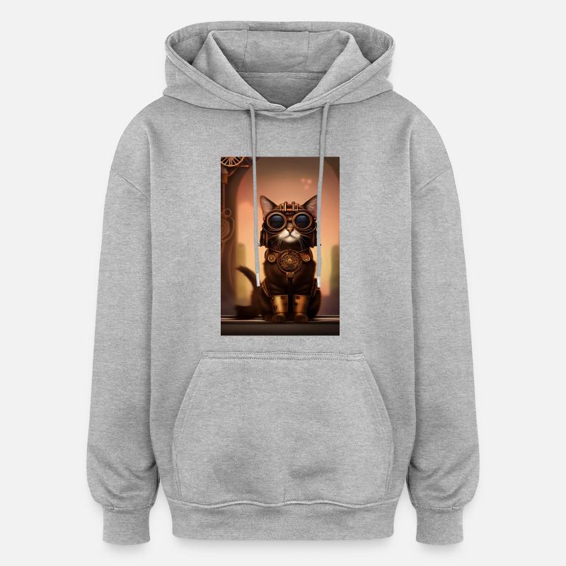 Chat Steampunk Style - Sweat à capuche oversize unisexe - gris chiné